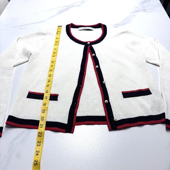 Zara Off White Knit Pearl Button Cardigan Red Navy Blue Trim - Picture 4 of 6